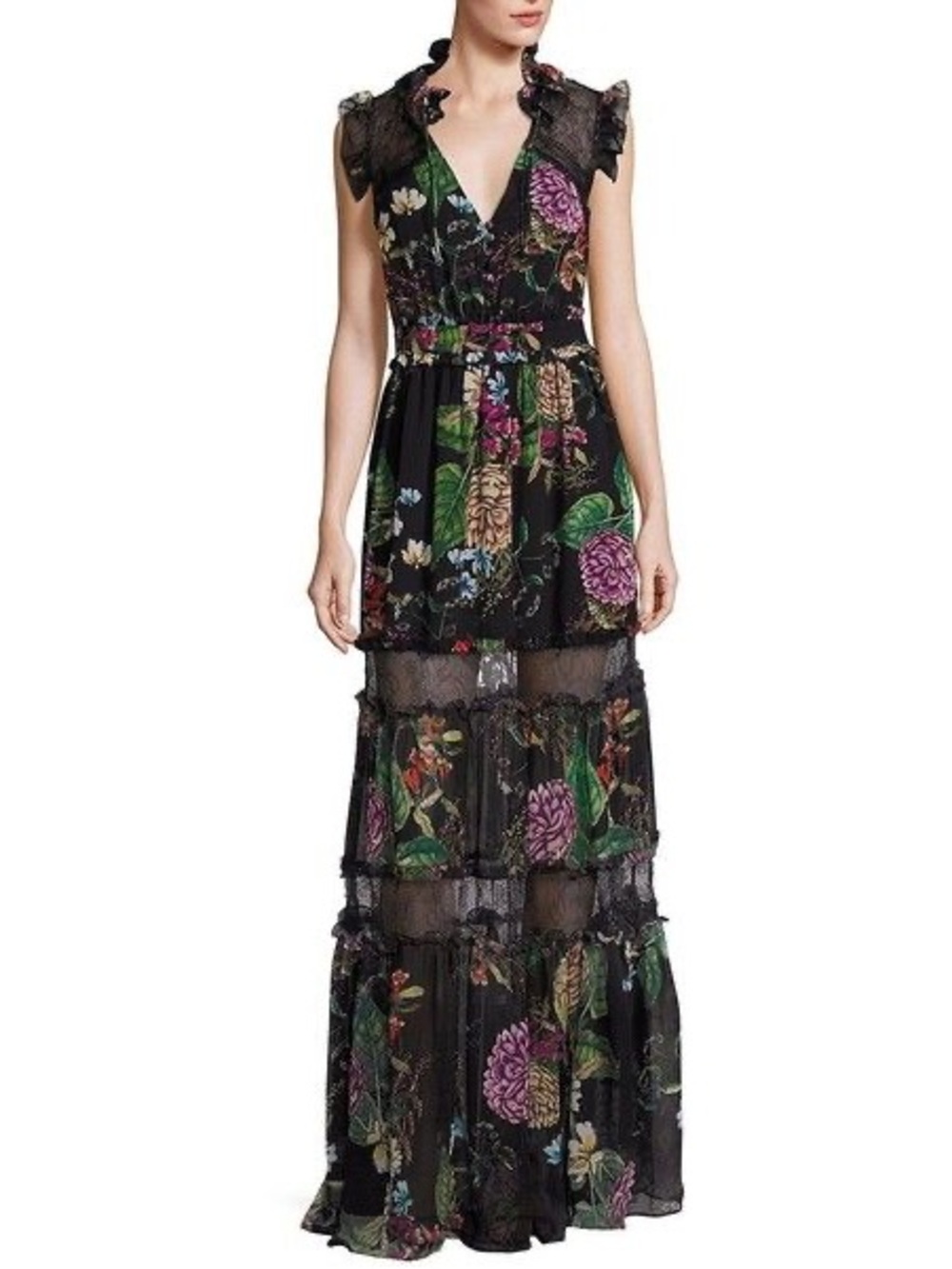 NICHOLAS Black Dahlia Ruffle Tiered Maxi Dress with Lace Trim
